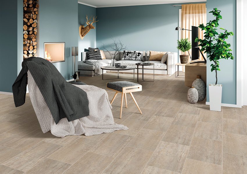 stone look large format luxury vinyl tile flooring in living room with contemporary decor